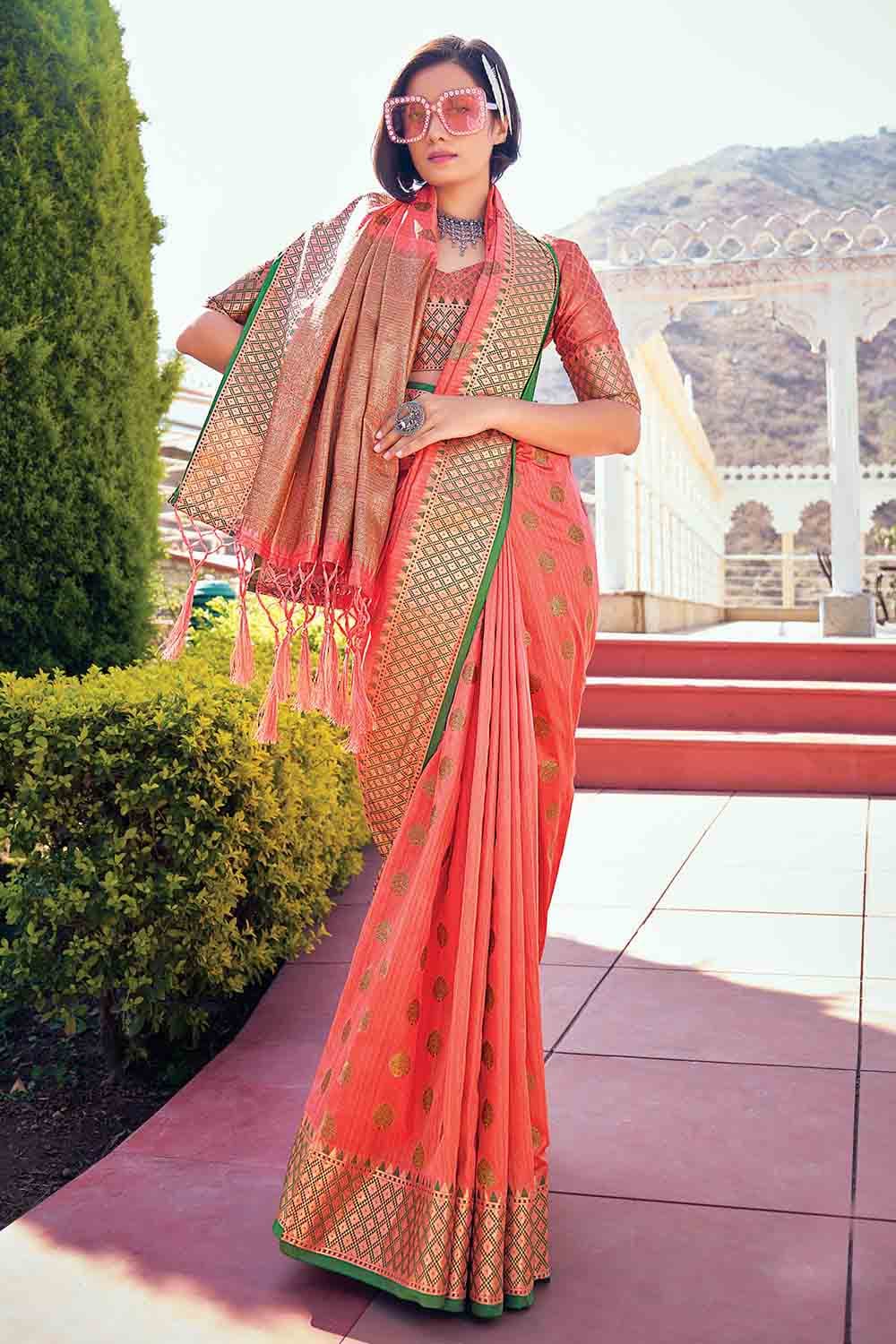Peach Handloom Pure Katan Silk Kadhwa Booti Banarasi Saree With Floral –  WeaverStory